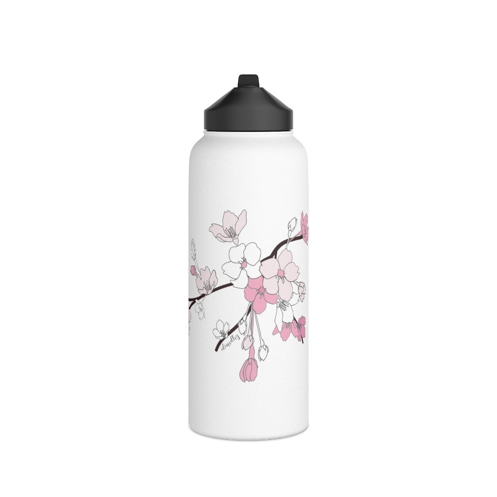 Water Bottle, 3 sizes, Stainless Steel with Sip Straw- Sakura Blooms