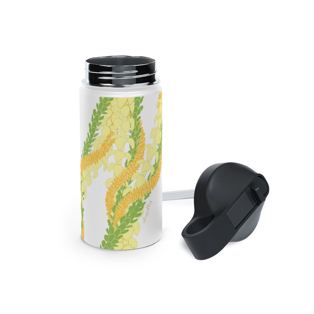 Water Bottle with Sip Straw- Triple Strand Ilima, Pakalana and Puakenikeni Leis (White)