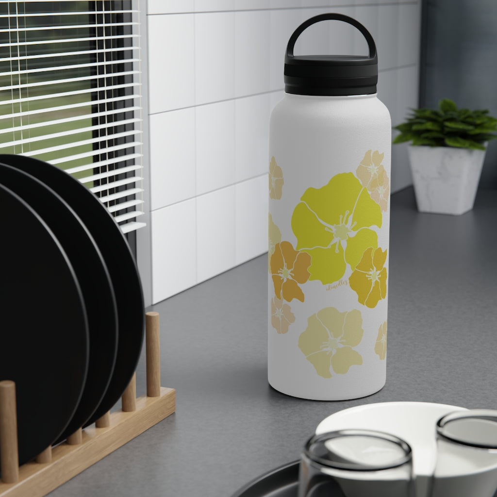 Water Bottle, 3 sizes, Stainless Steel with Handle Lid- Ilima Flower Flurries