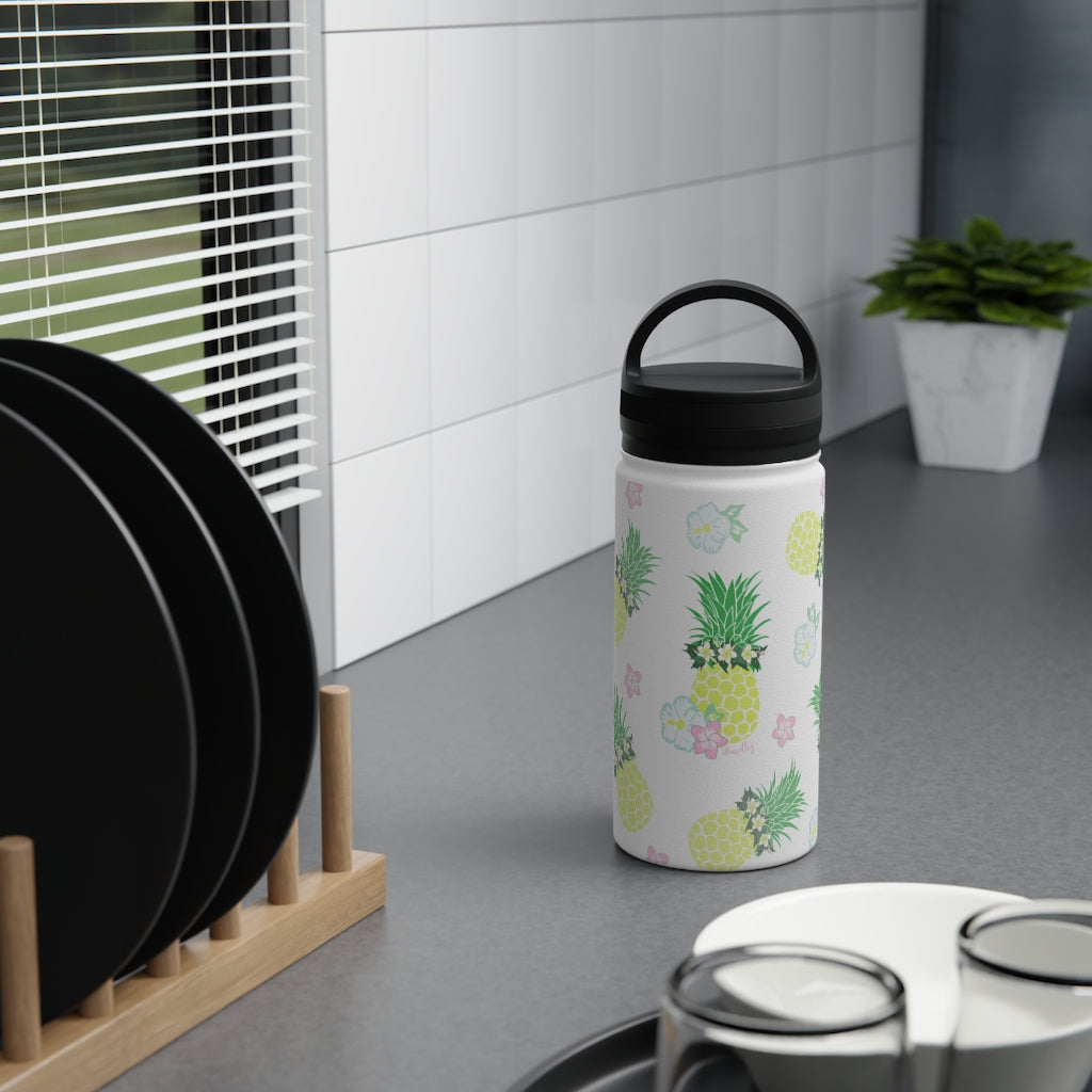 Water Bottle, 3 sizes, Stainless Steel with Handle Lid- Pineapple Party Flurries