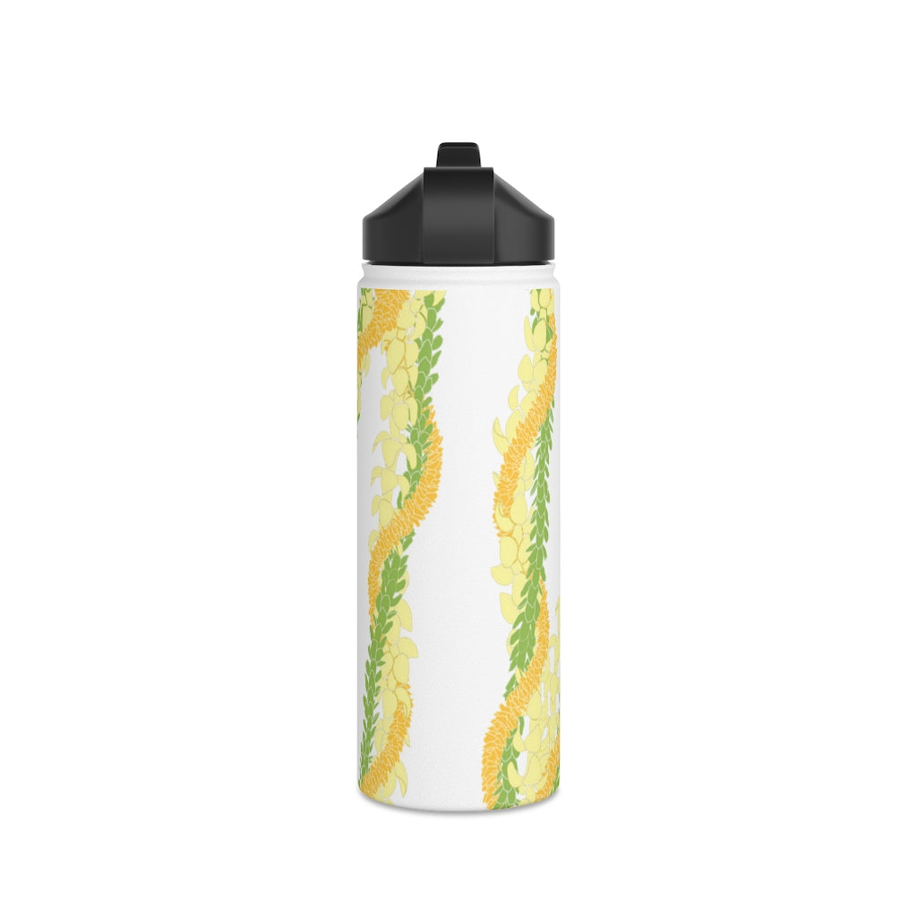 Water Bottle with Sip Straw- Triple Strand Ilima, Pakalana and Puakenikeni Leis (White)