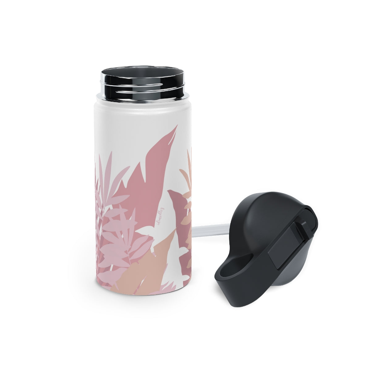 Water Bottle, 3 sizes, Stainless Steel with Sip Straw- Whispering Leaves in Pink