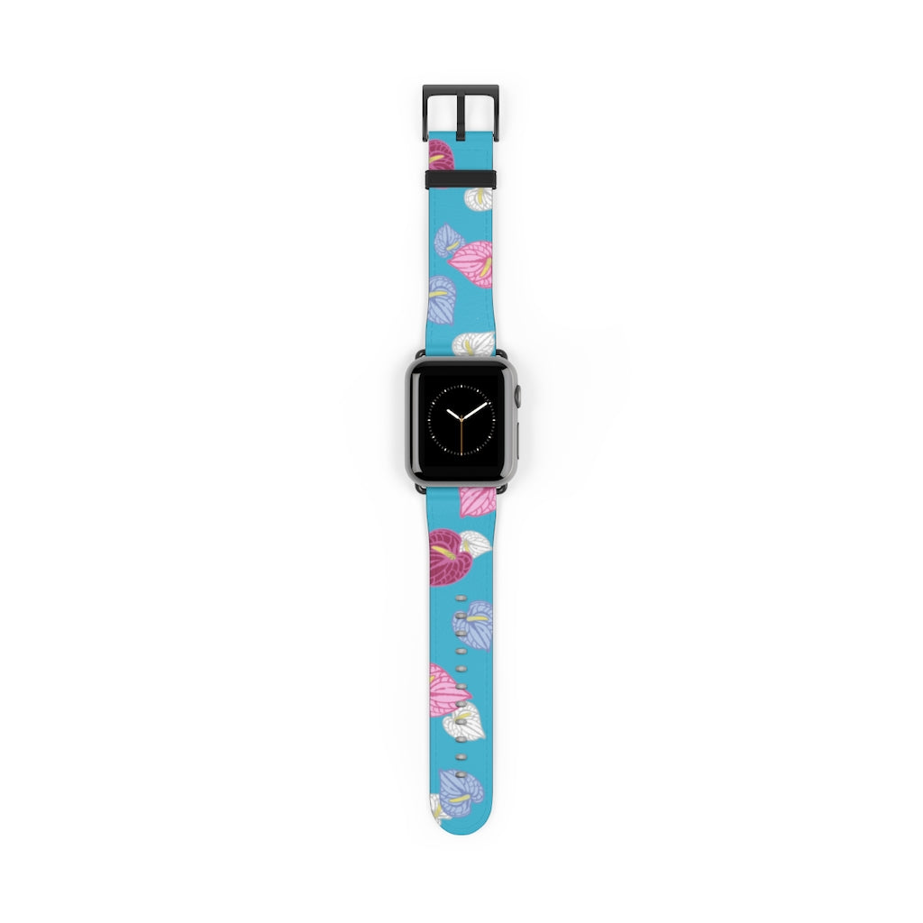 Turquoise vegan leather Apple Watch band with brightly colored anthurium flowers.