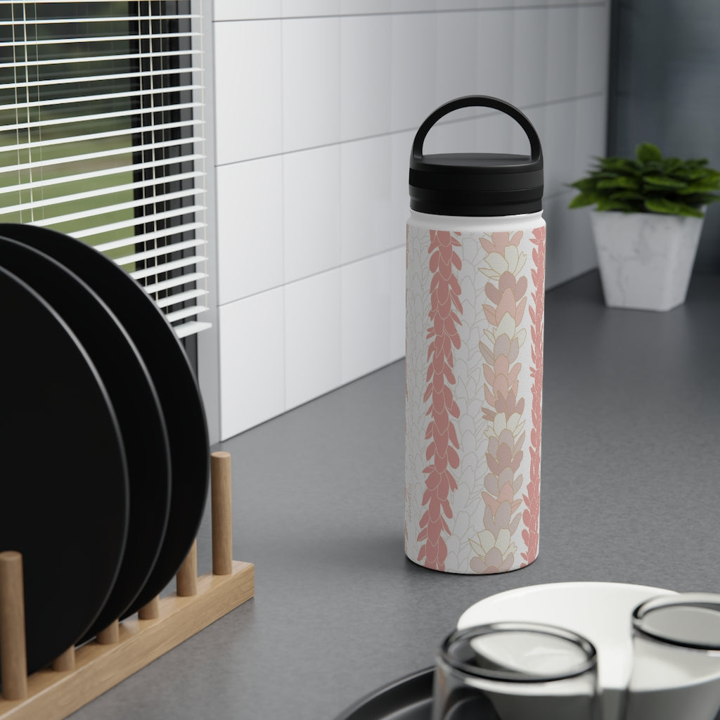 Water Bottle, 3 sizes, Stainless Steel with Handle Lid- Pakalana Lei Stringing Peach