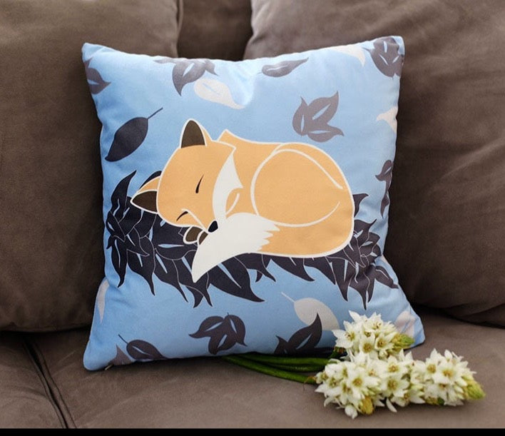 MicroSuede Throw Pillow Cover- Snuggles the Fox on Maile (Blue Skies)