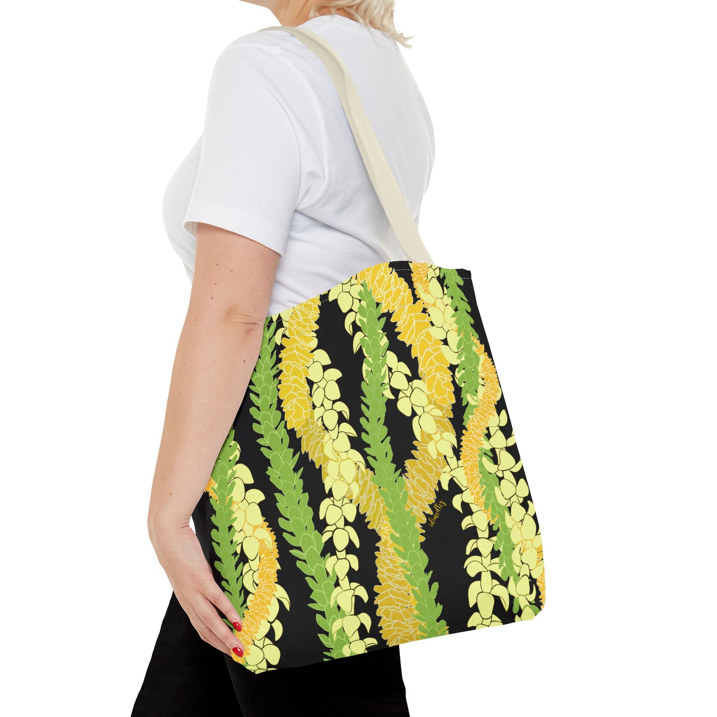 Tote bag- Triple Strand Puakenikeni, Pakalana and Ilima Leis, Black