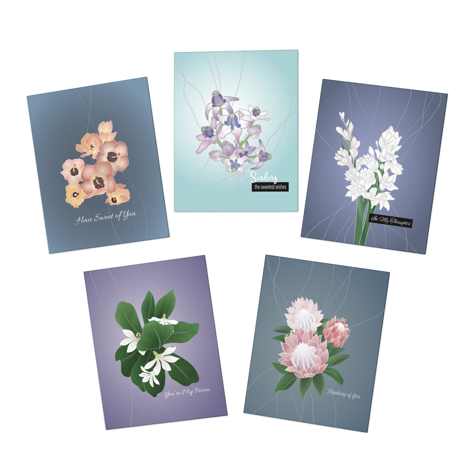 Crown flower, Hau Hibiscus, Tuberose, Naupaka and Protea flower greeting card set. 