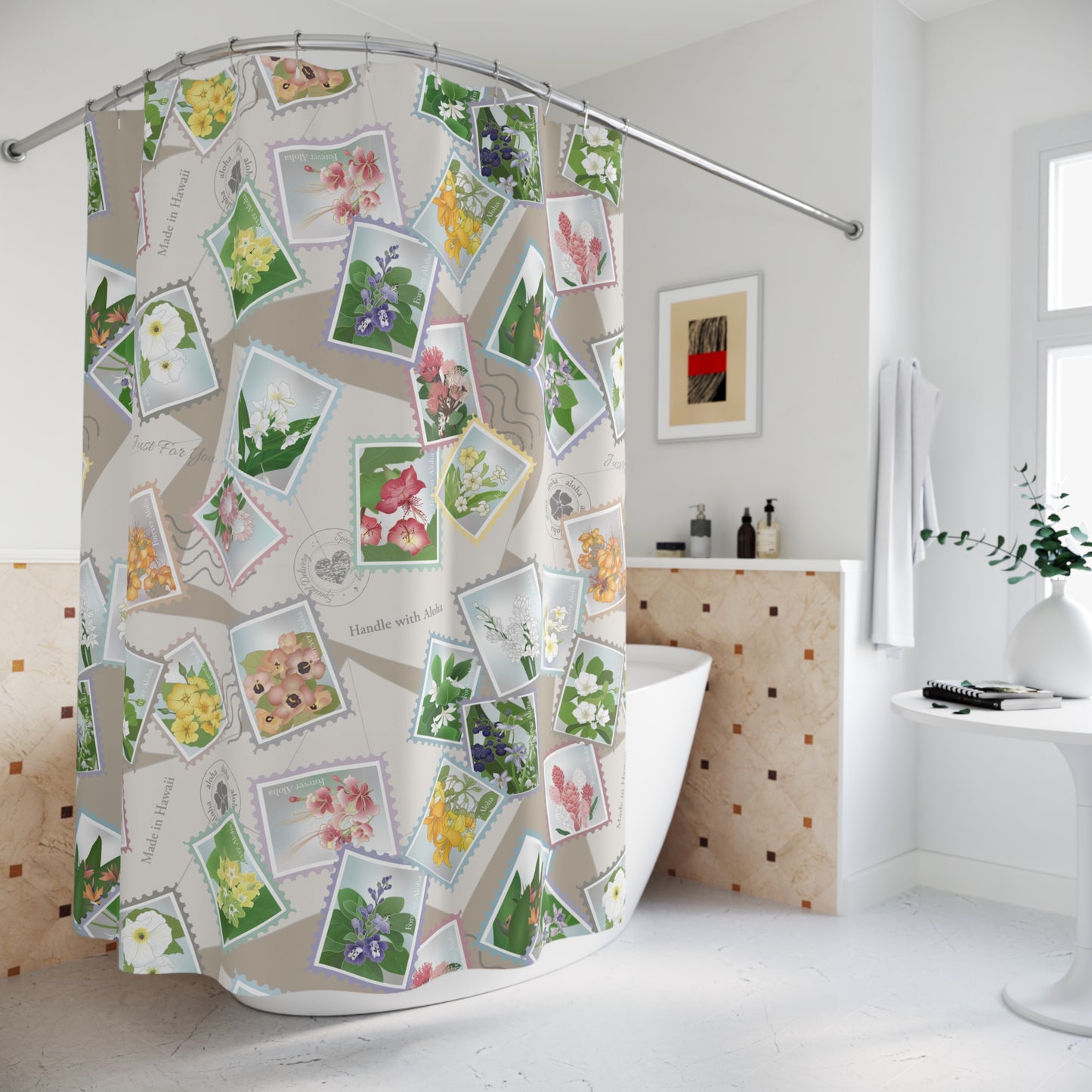 Shower Curtain- Hawaiian Flower Postage Stamp Collage