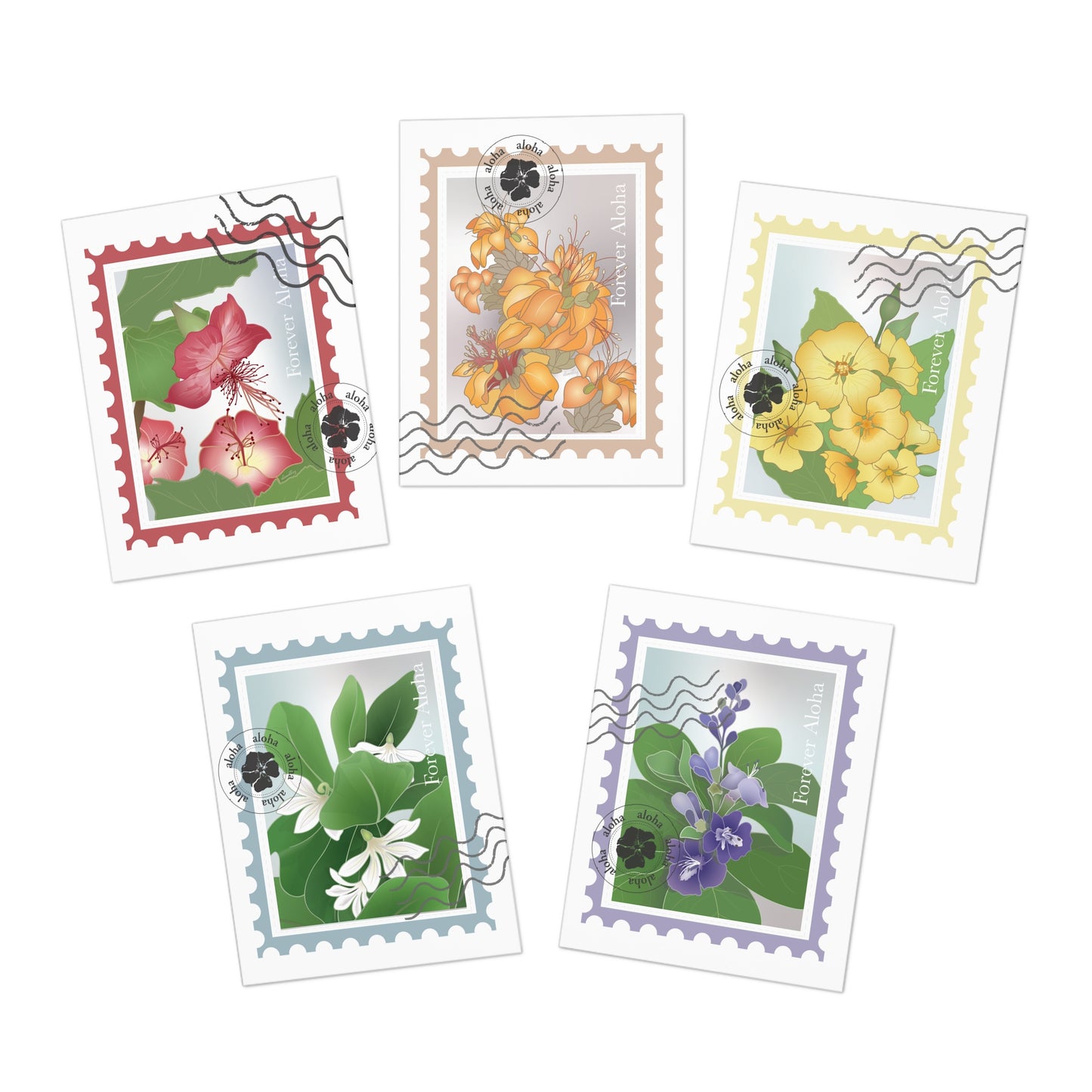 NoteCard Set (5)- Native Hawaiian Flower Postage Stamps: Ilima, Ko’oloa’ula, Naupaka, Pohinahina, Wili WIli