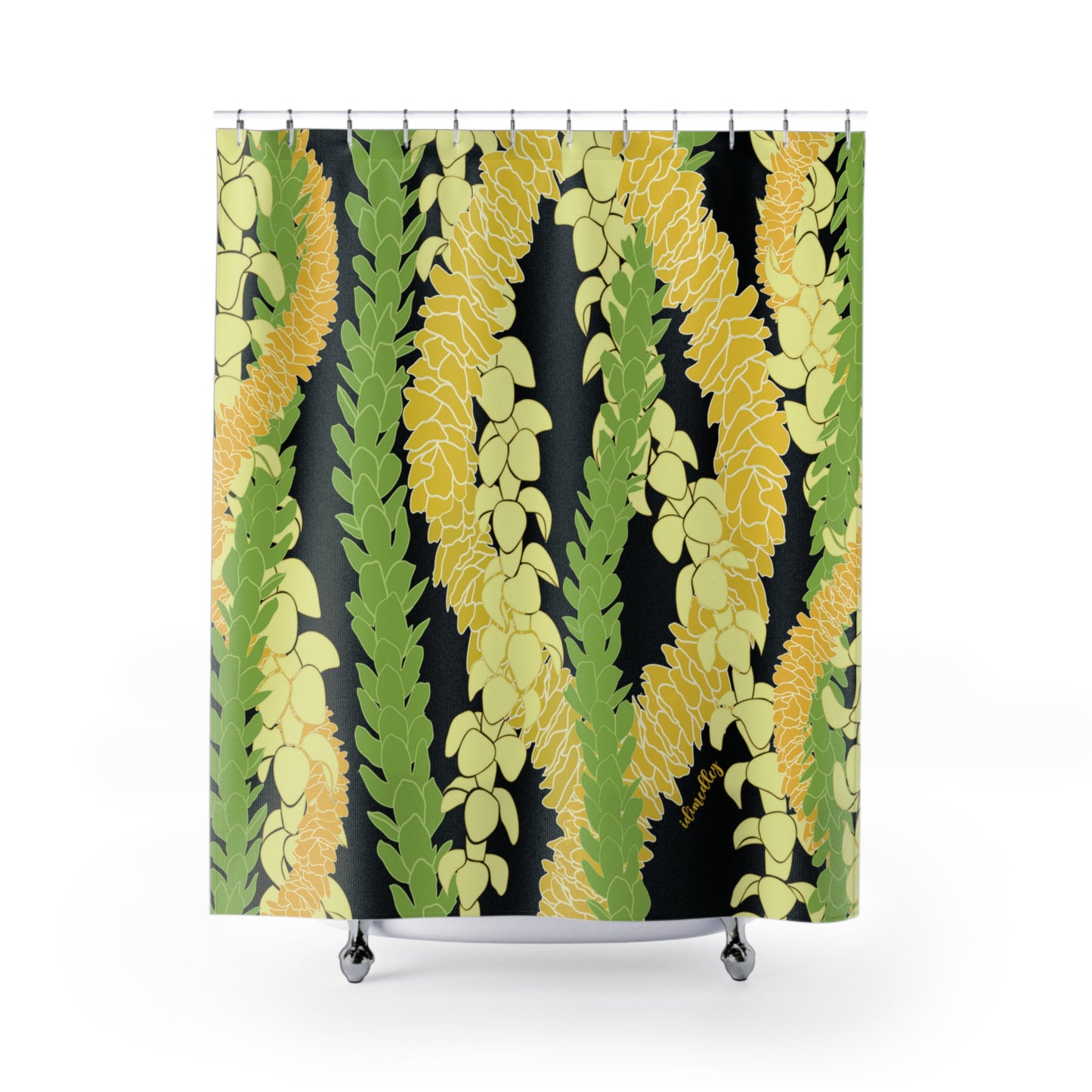 Shower Curtain- Triple Strand Ilima, Pakalana and Puakenikeni Leis in Black