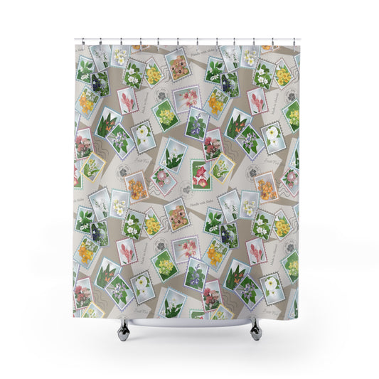 Shower Curtain- Hawaiian Flower Postage Stamp Collage