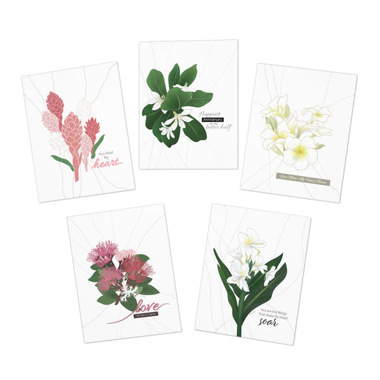 Greeting Card Set- Floral Love Set: Hawaiian Ginger, Plumeria, Ohia Lehua, White Butterfly Ginger, Naupaka, Variety Pack of 5