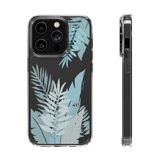 Light blue tropical ferns and leaves on a clear iphone 14 case.  