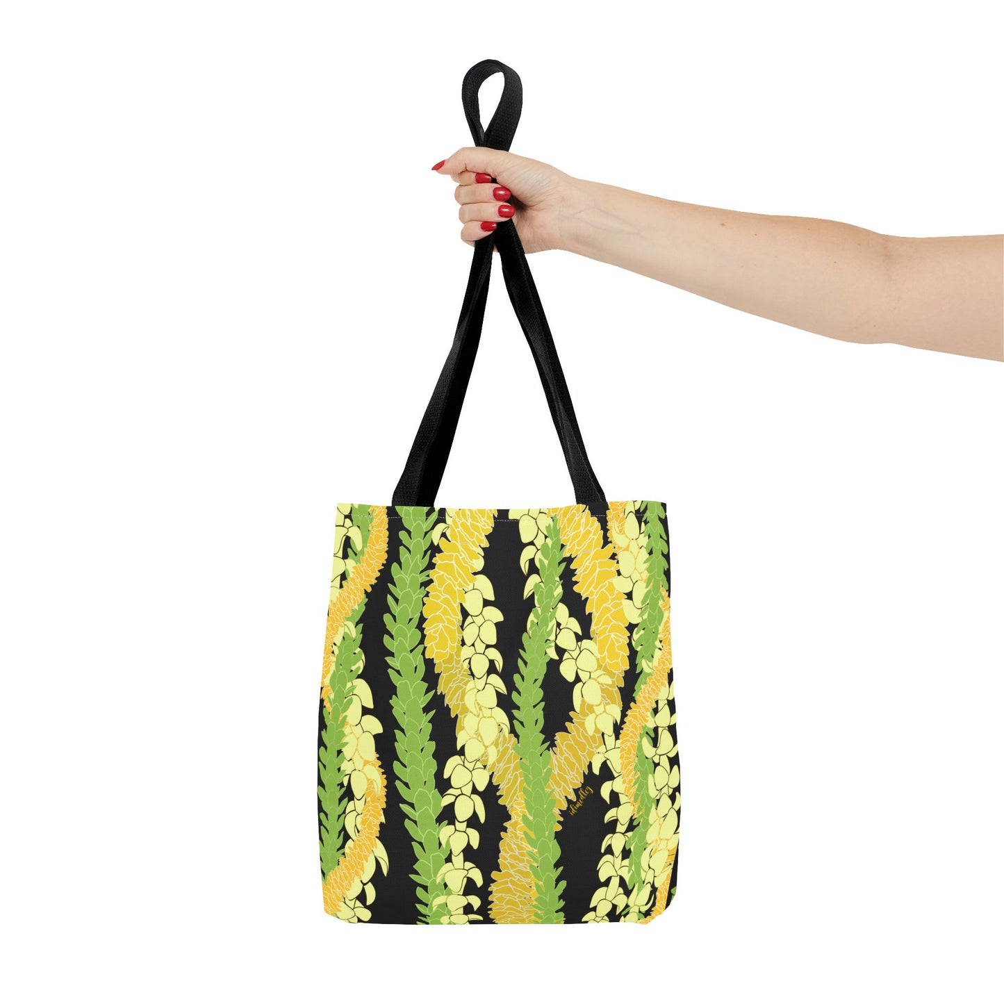 Tote bag- Triple Strand Puakenikeni, Pakalana and Ilima Leis, Black