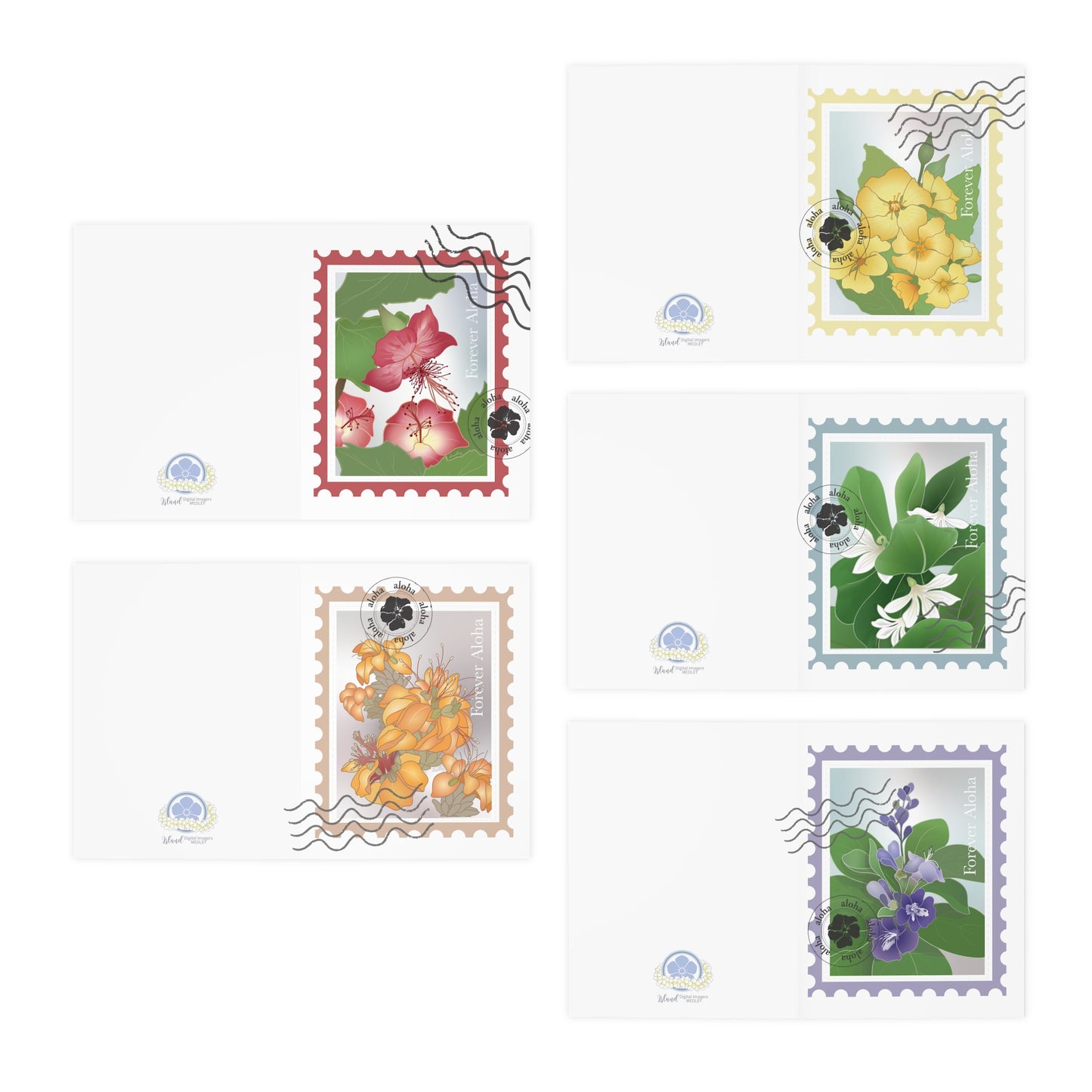 NoteCard Set (5)- Native Hawaiian Flower Postage Stamps: Ilima, Ko’oloa’ula, Naupaka, Pohinahina, Wili WIli