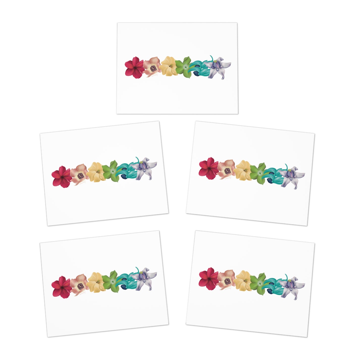 Notecards (5 Pack)- Pua Rainbow: Plumeria, Hau, Puakenikeni, Pakalana, Blue Jade and Crown Flower