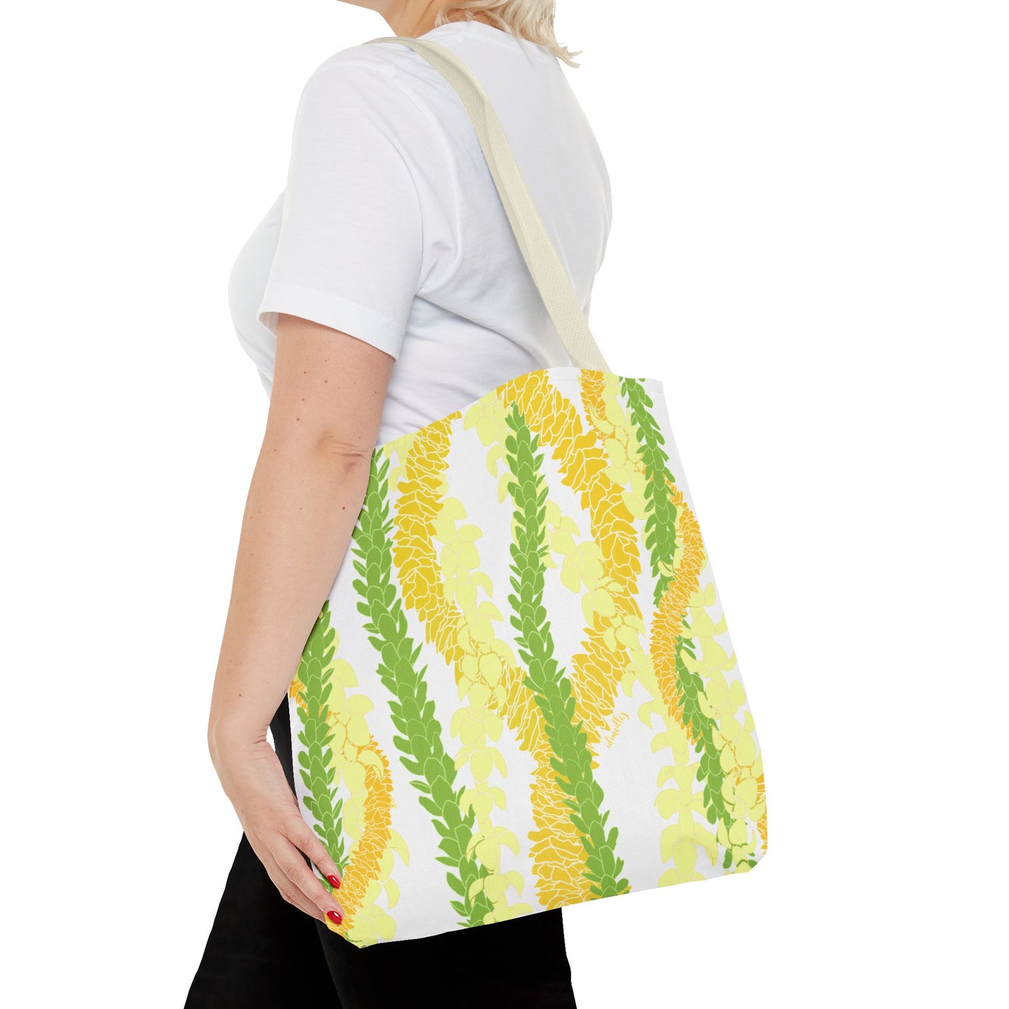 Tote bag- Triple Strand Puakenikeni, Pakalana and Ilima Leis, White