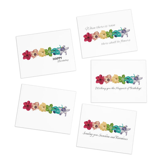 Greeting Card Set- Pua Rainbow Birthday Pack: Plumeria, Hau, Puakenikeni, Pakalana, Blue Jade, Crown Flower