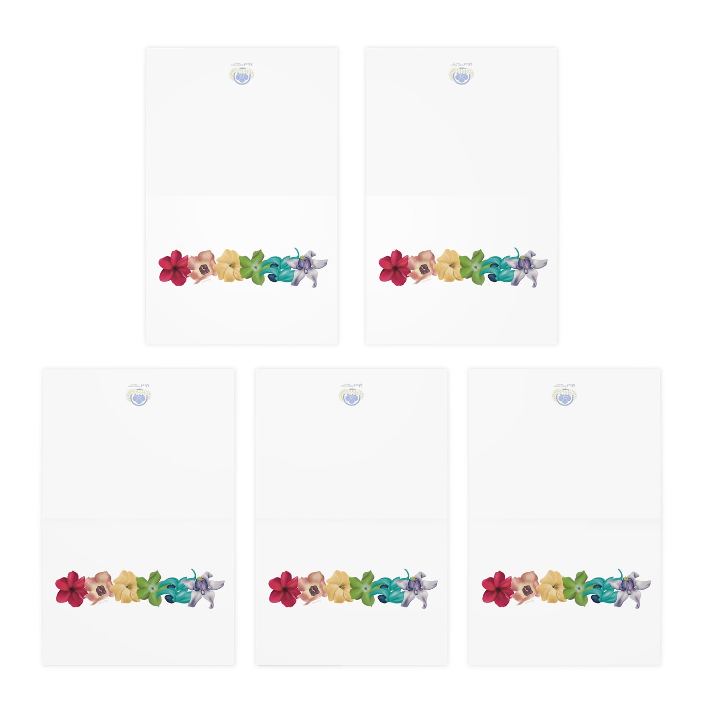 Notecards (5 Pack)- Pua Rainbow: Plumeria, Hau, Puakenikeni, Pakalana, Blue Jade and Crown Flower