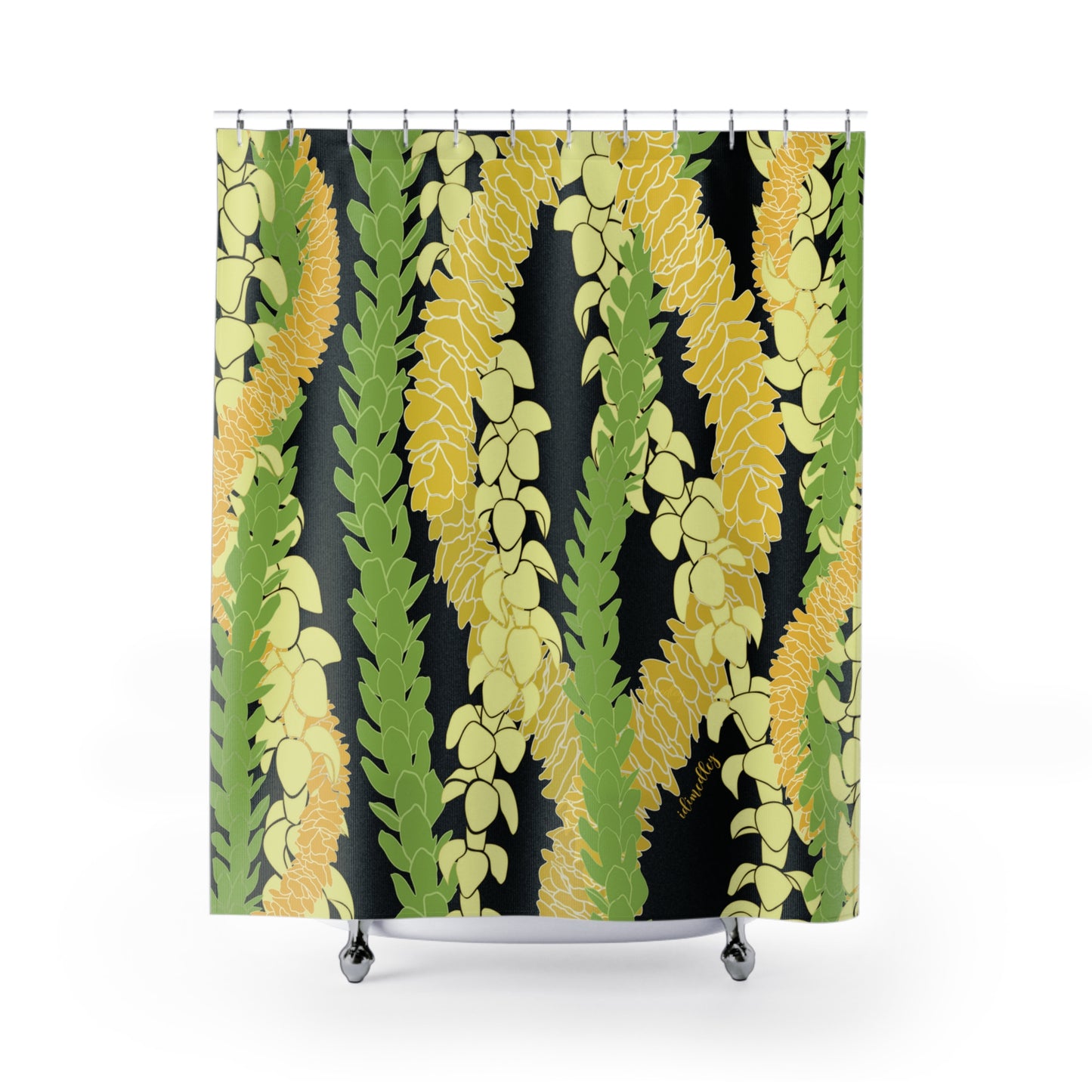 Shower Curtain- Triple Strand Puakenikeni, Pakalana and Ilima Leis in Black