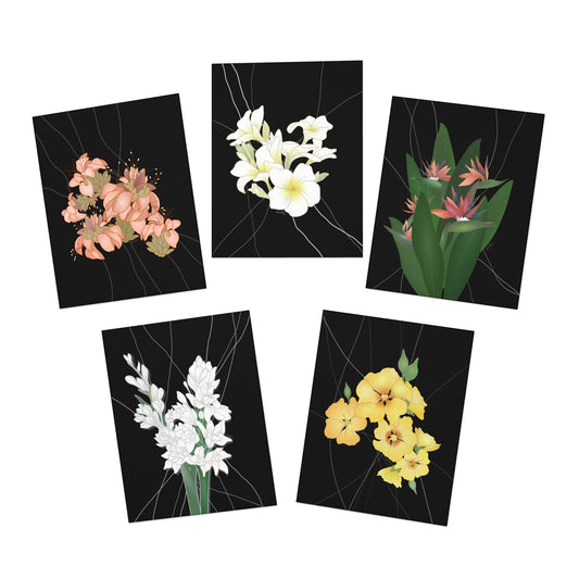 Notecard Set- Hawaii’s Favorite Florals Set 2 in Black: Wili WIli, Plumeria, Bird of Paradise, Tuberose, Ilima, Variety Pack of 5