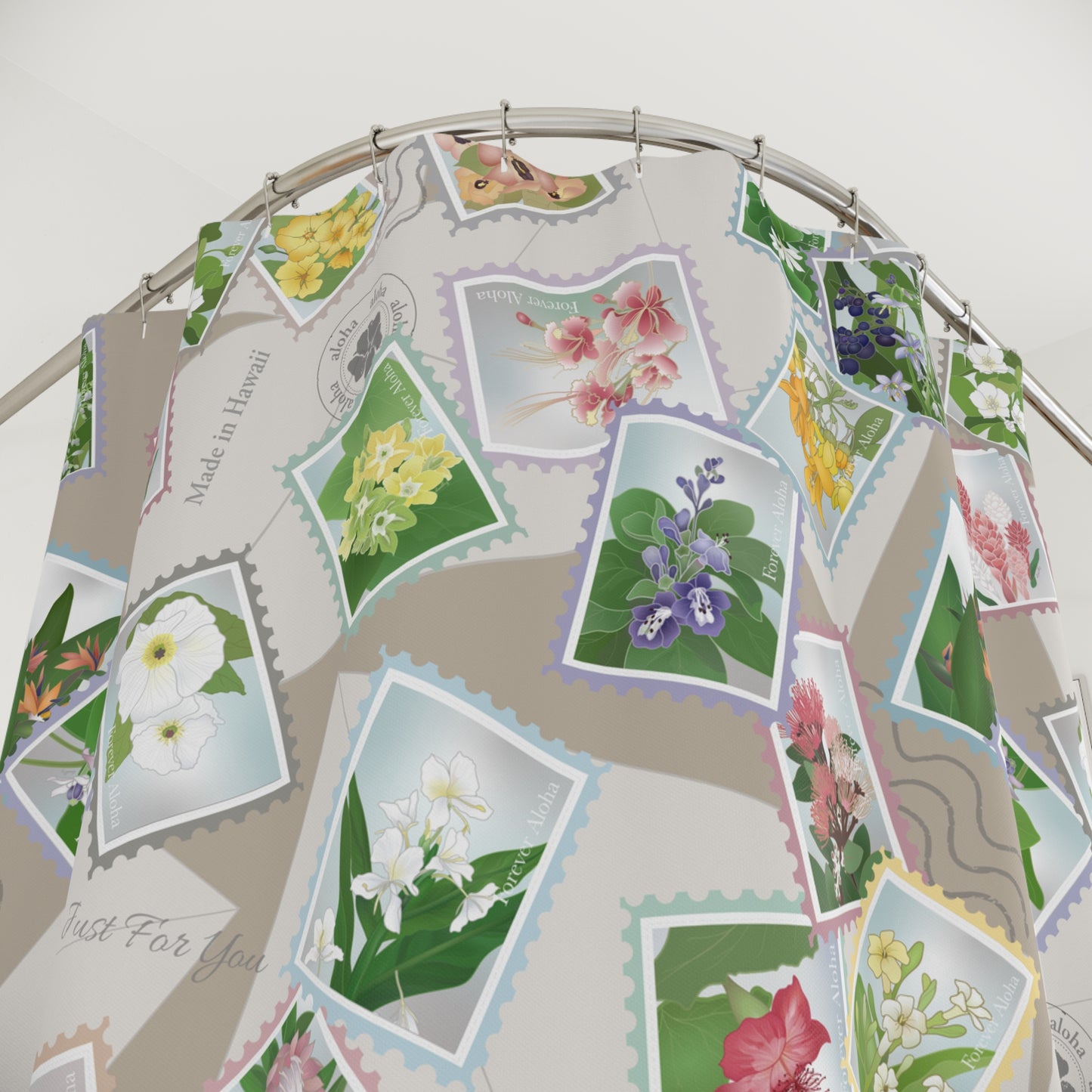 Shower Curtain- Hawaiian Flower Postage Stamp Collage