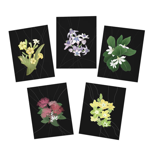 Notecard Set- Hawaii’s Favorite Florals Set 1 in Black: Puakenikeni, Crown Flower, Naupaka, Ohia Lehua, Pakalana Flowers, Variety Pack of 5