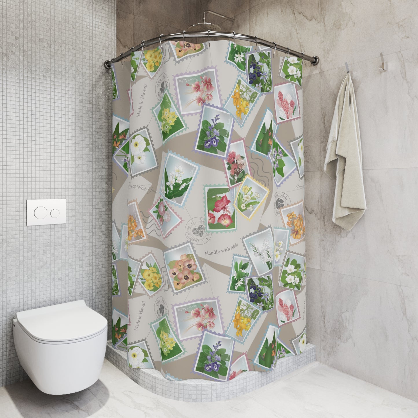 Shower Curtain- Hawaiian Flower Postage Stamp Collage