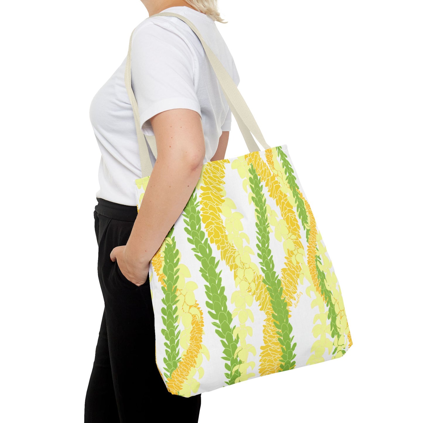 Tote bag- Triple Strand Puakenikeni, Pakalana and Ilima Leis, White