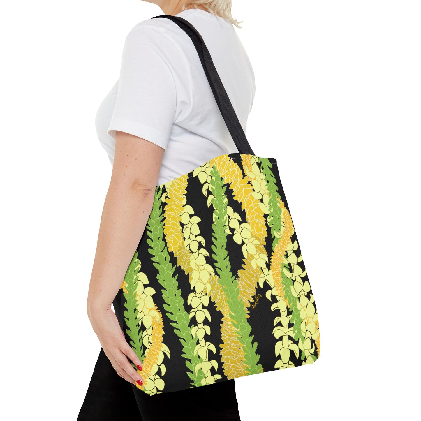 Tote bag- Triple Strand Puakenikeni, Pakalana and Ilima Leis, Black