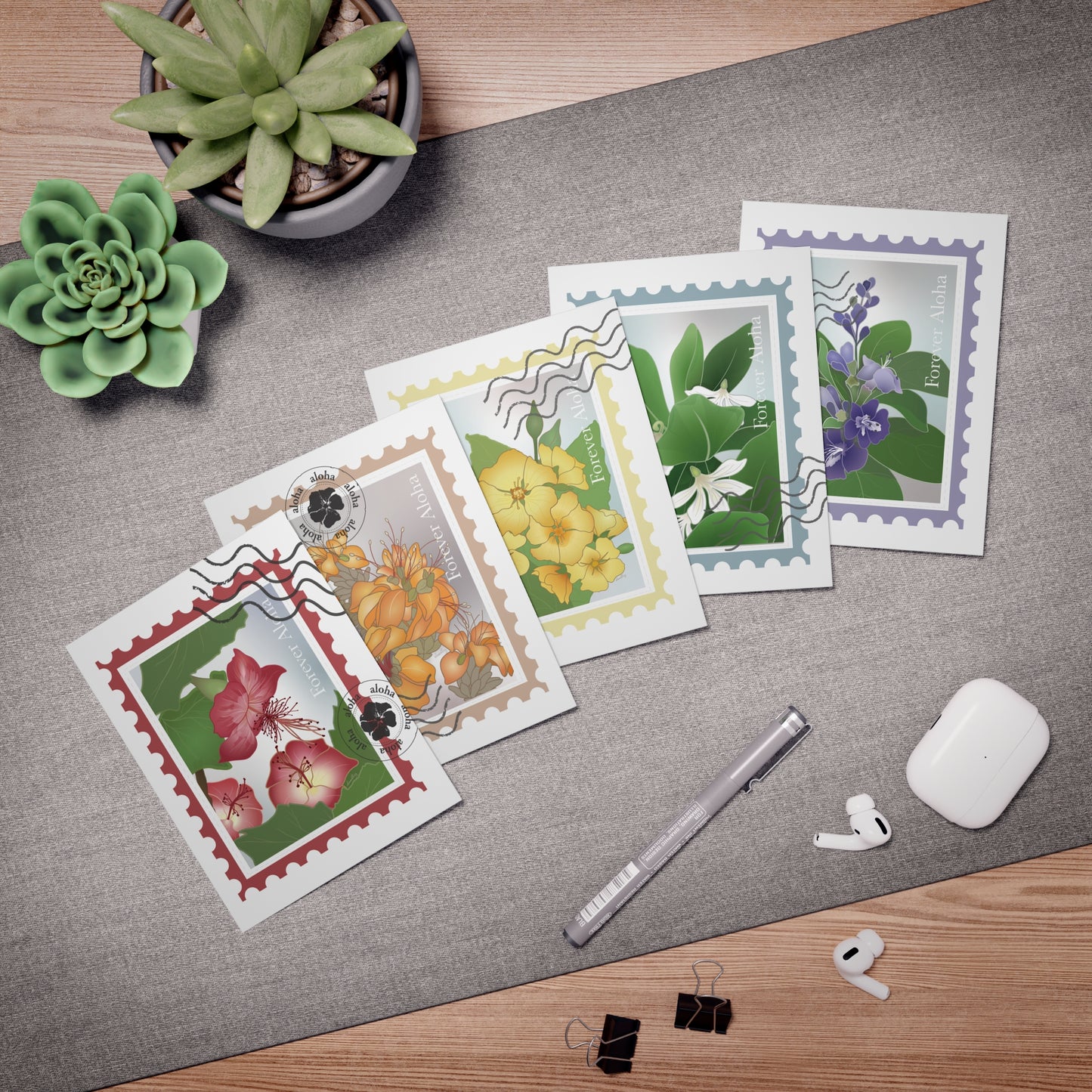 NoteCard Set (5)- Native Hawaiian Flower Postage Stamps: Ilima, Ko’oloa’ula, Naupaka, Pohinahina, Wili WIli