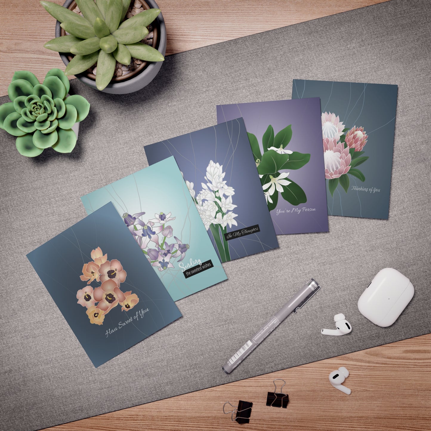Greeting Card Set- Floral Sweet Sentiments: Hau, Crown Flower, Tuberose, Naupaka, Protea, Variety Pack of 5