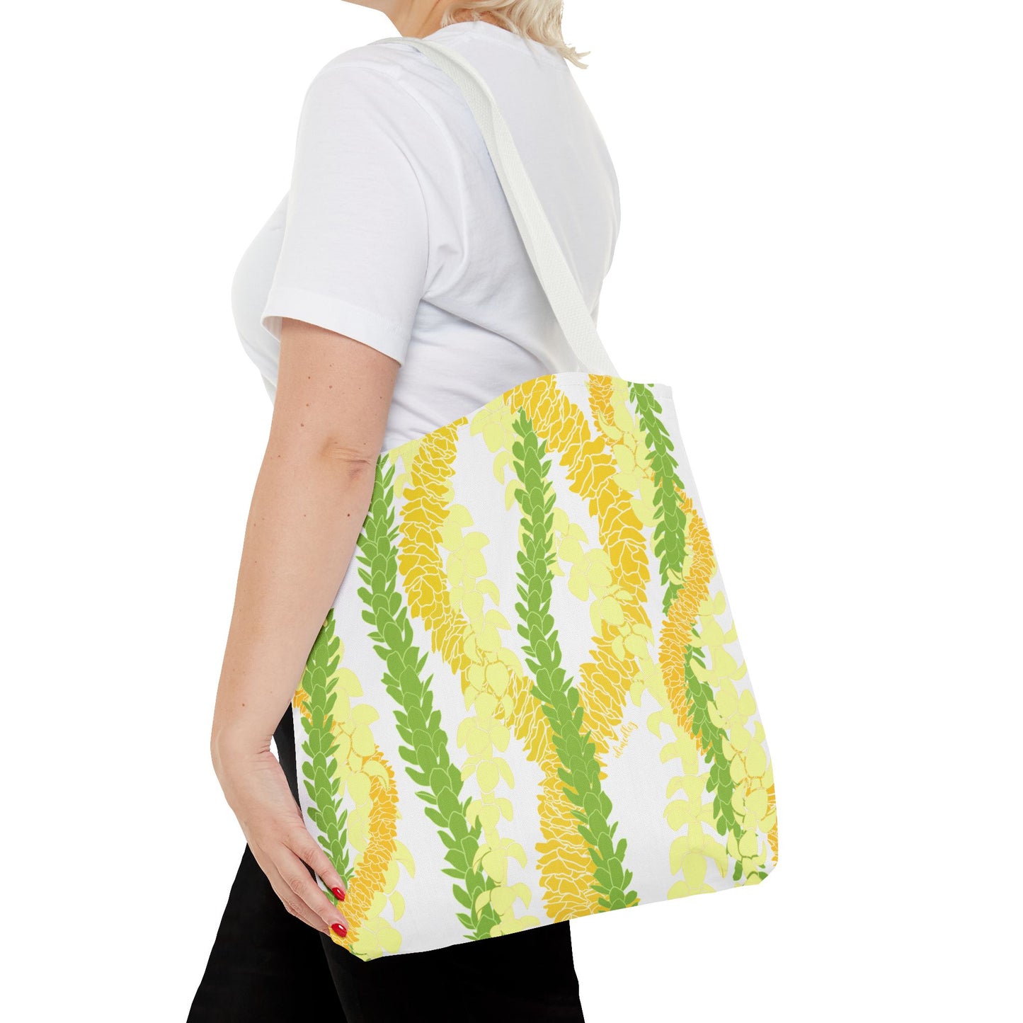 Tote bag- Triple Strand Puakenikeni, Pakalana and Ilima Leis, White