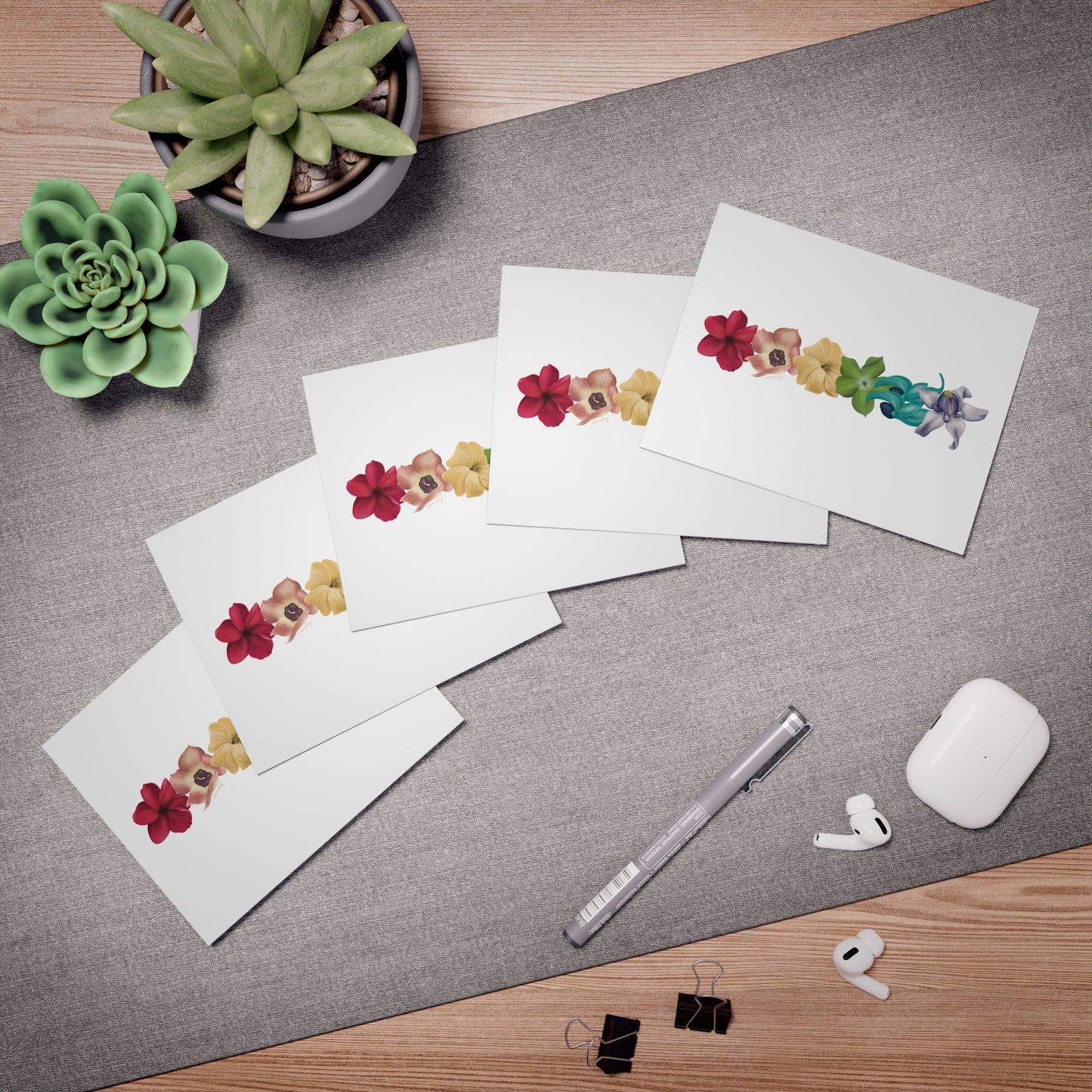 Notecards (5 Pack)- Pua Rainbow: Plumeria, Hau, Puakenikeni, Pakalana, Blue Jade and Crown Flower