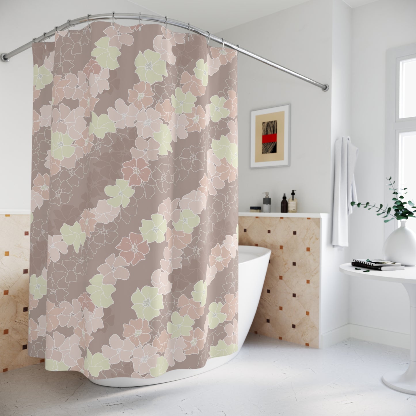 Shower Curtain- Puakenikeni En Face Flower Leis (Neutral Peaches and Beige)