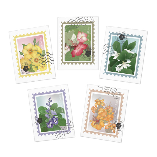 Greeting Card Set- Native Hawaiian Flower Postage Stamp Set: Ilima, Ko’oloa’ula, Naupaka, Pohinahina, Wili WIli Variety Pack of 5