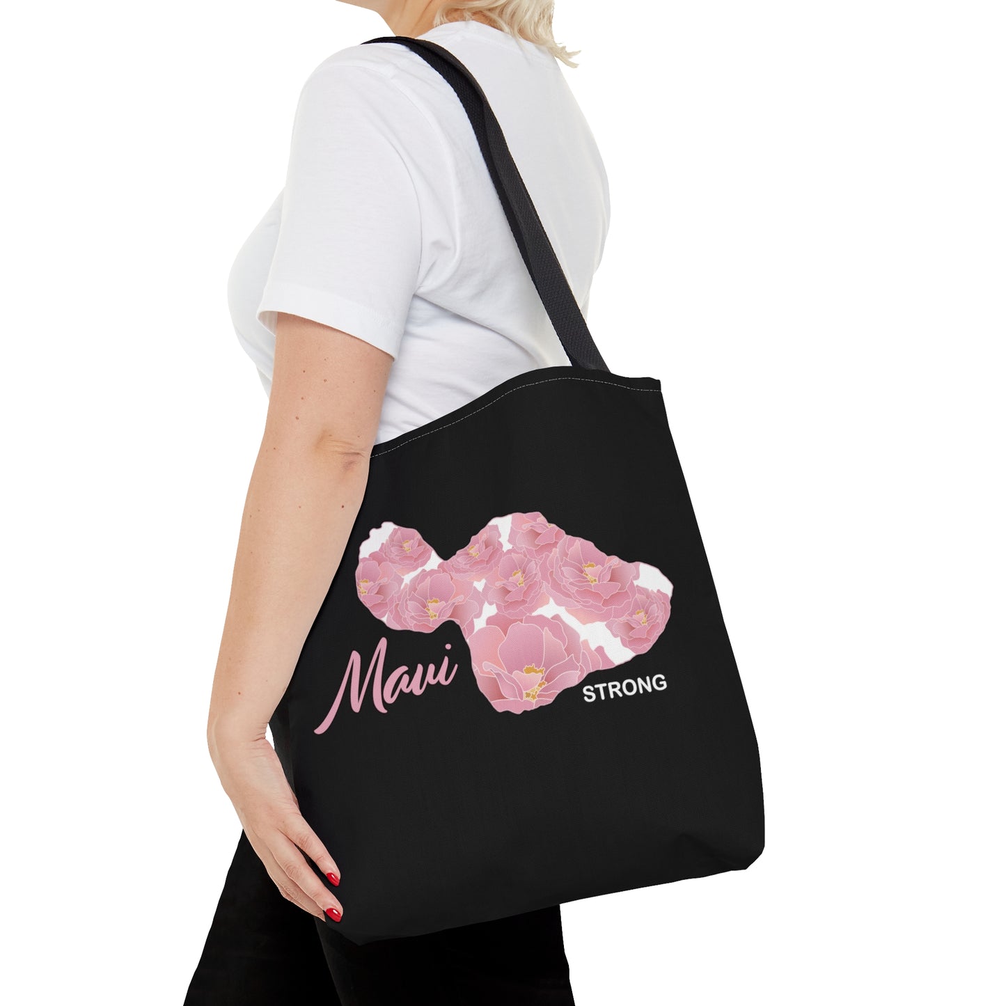 Tote bag- Maui Strong Lokelani Rose Island in Black and Pink, Maui Support for Lahaina Wildfires, Fundraiser, Profits Donated