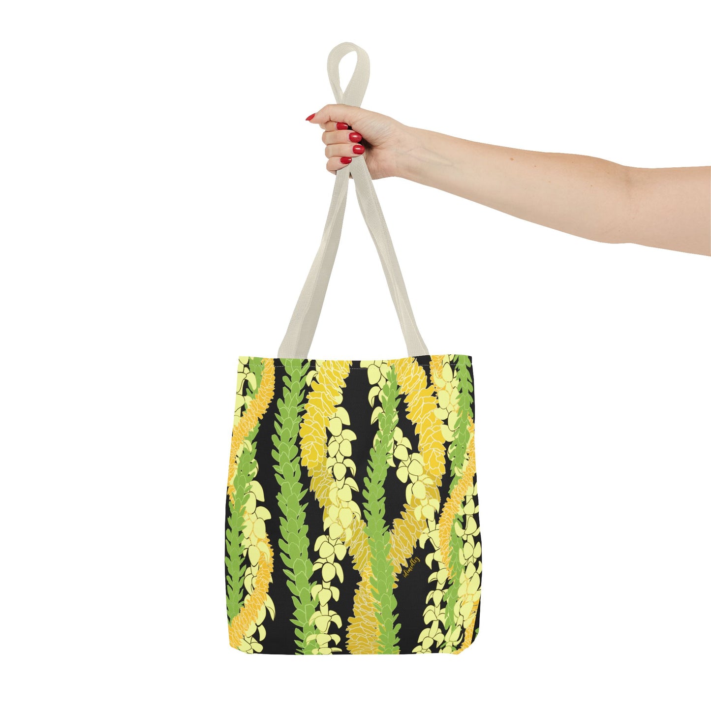 Tote bag- Triple Strand Puakenikeni, Pakalana and Ilima Leis, Black