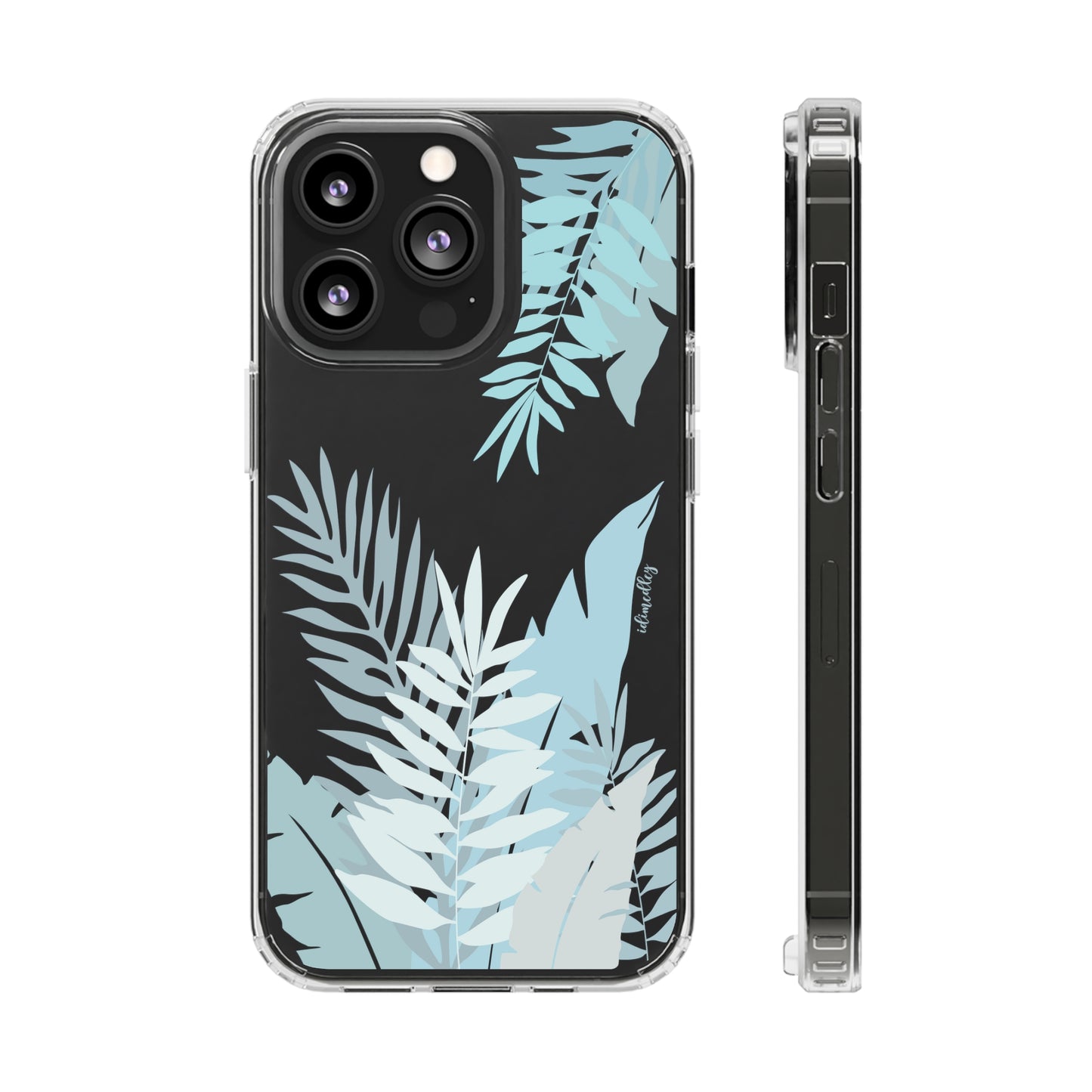 Slim profile, full wrap clear iphone case with clustered tropical leaves in varying shades of light to medium blues. 