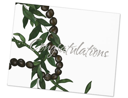 Congratulations Ho’o Maika’i Kukui Nut, Maile and Ti Leaf Lei Greeting Cards, Set of 5