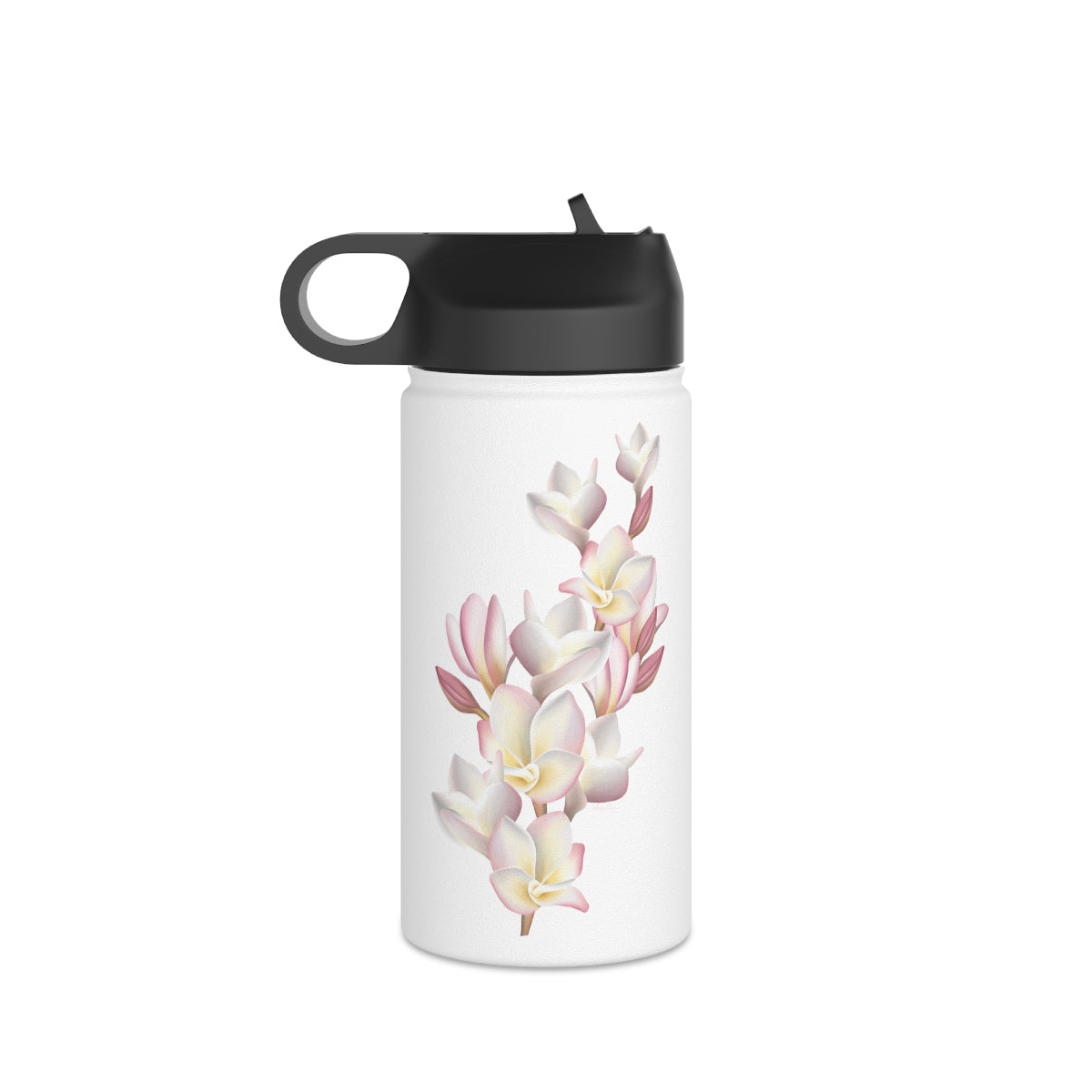 Water Bottle, 3 sizes, Stainless Steel with Sip Straw- Plumeria Cluster