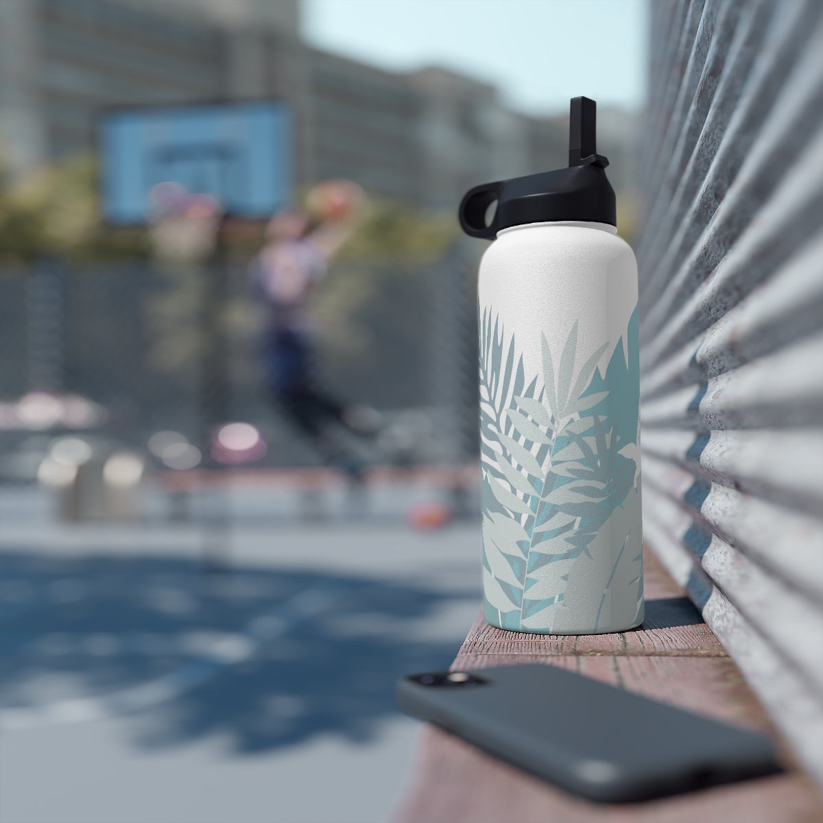 Water Bottle, 32 oz Stainless Steel with Sip Straw- Whispering Leaves in Blue