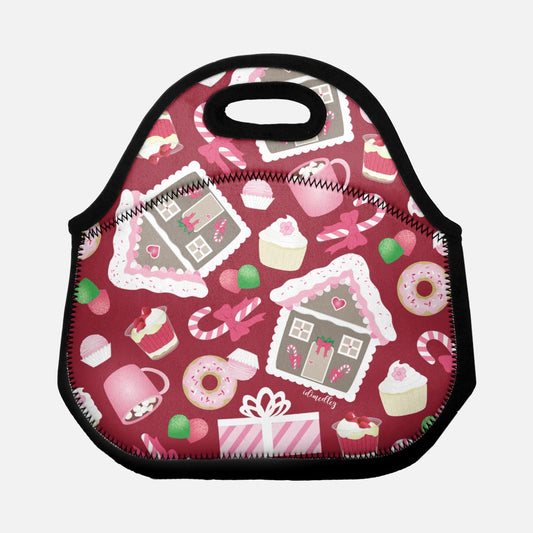 Lunch Tote Bag- Holiday Delights and Candied Gingerbread Houses (Christmas Red)