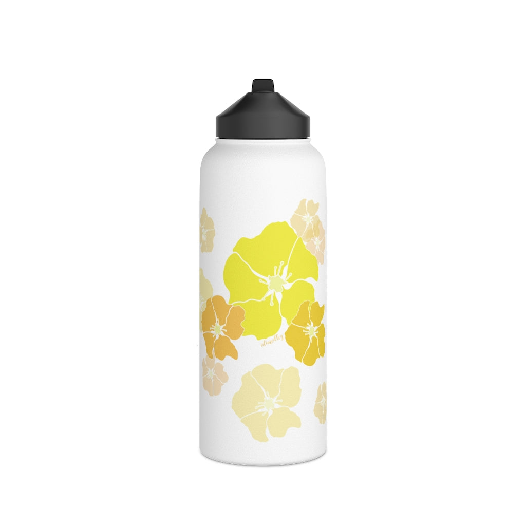 Water Bottle, 3 sizes, Stainless Steel with Sip Straw- Ilima Flower Flurries