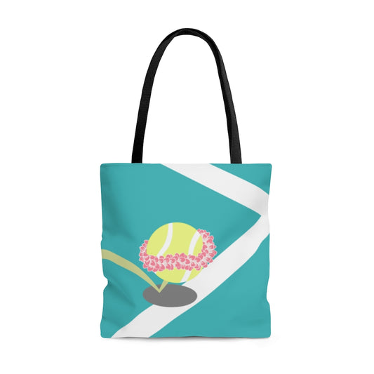 Tote bag with yellow tennis ball wearing plumeria lei bouncing on the teal court line