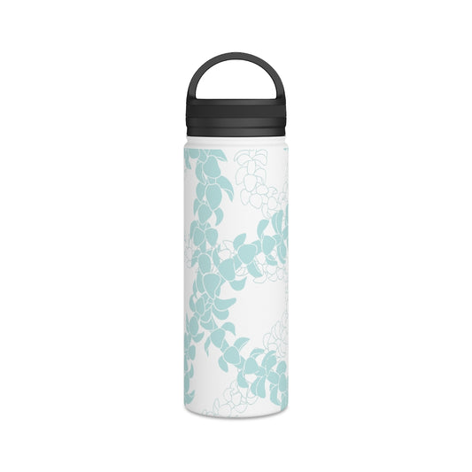 Water Bottle, 3 sizes, Stainless Steel with Handle Lid- Puakenikeni Lei Turquoise Splash