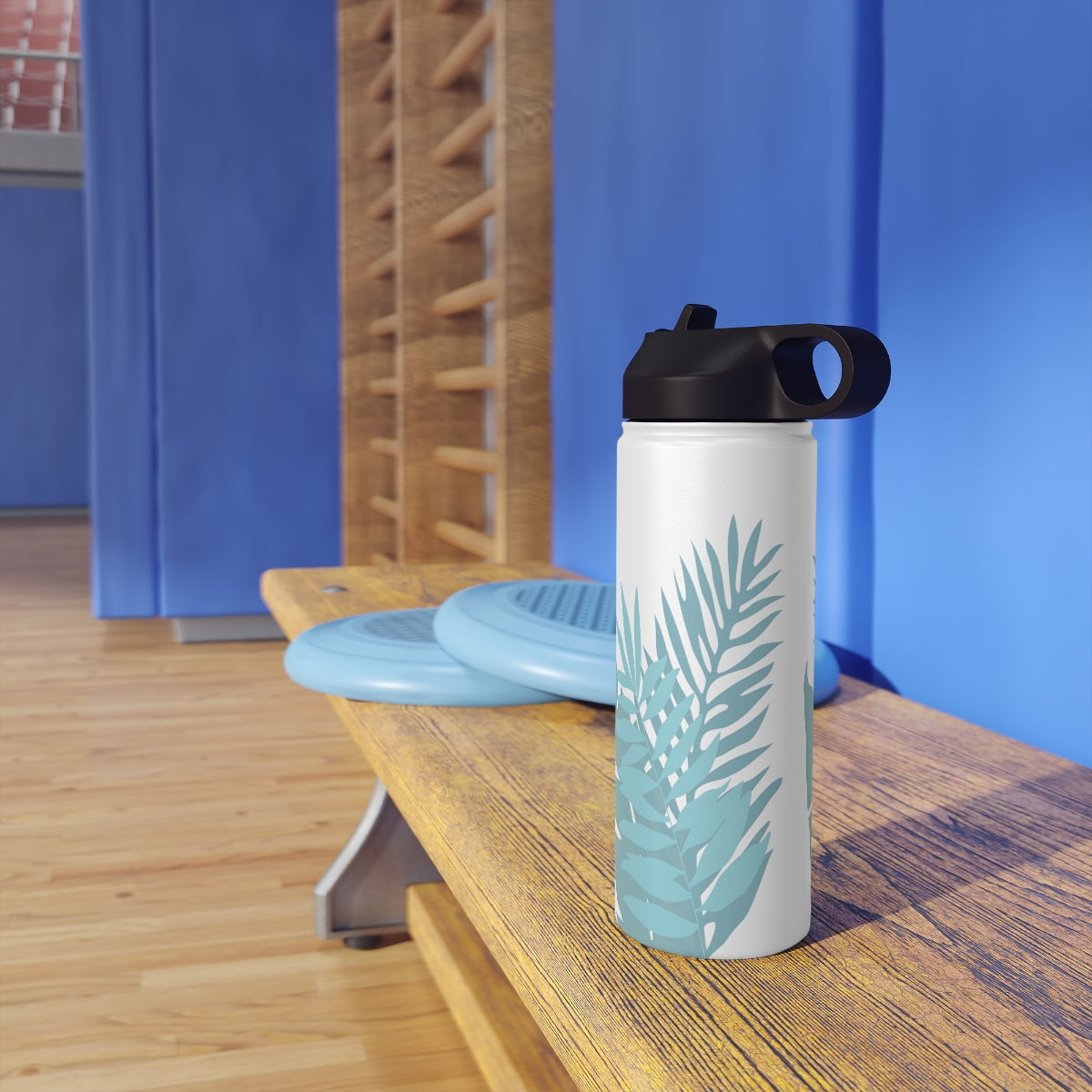 Water Bottle, 32 oz Stainless Steel with Sip Straw- Whispering Leaves in Blue