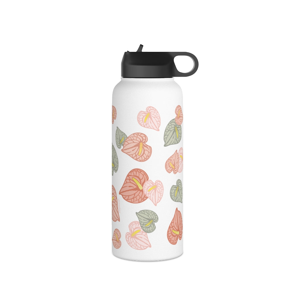 Water Bottle, 3 sizes, Stainless Steel with Sip Straw- Anthuriums Papaya Sunset