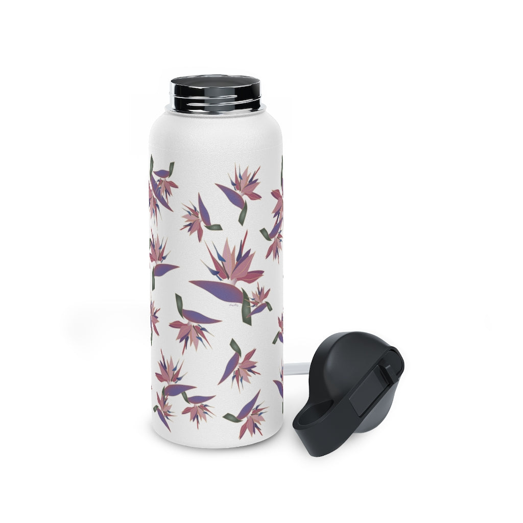 Water Bottle, 3 sizes, Stainless Steel with Sip Straw- Bird of Paradise
