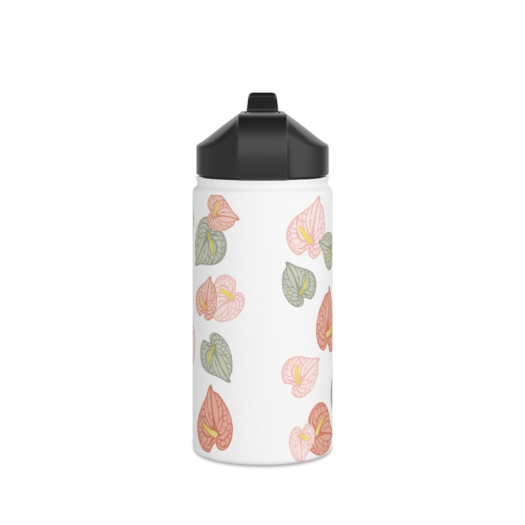 Water Bottle, 3 sizes, Stainless Steel with Sip Straw- Anthuriums Papaya Sunset